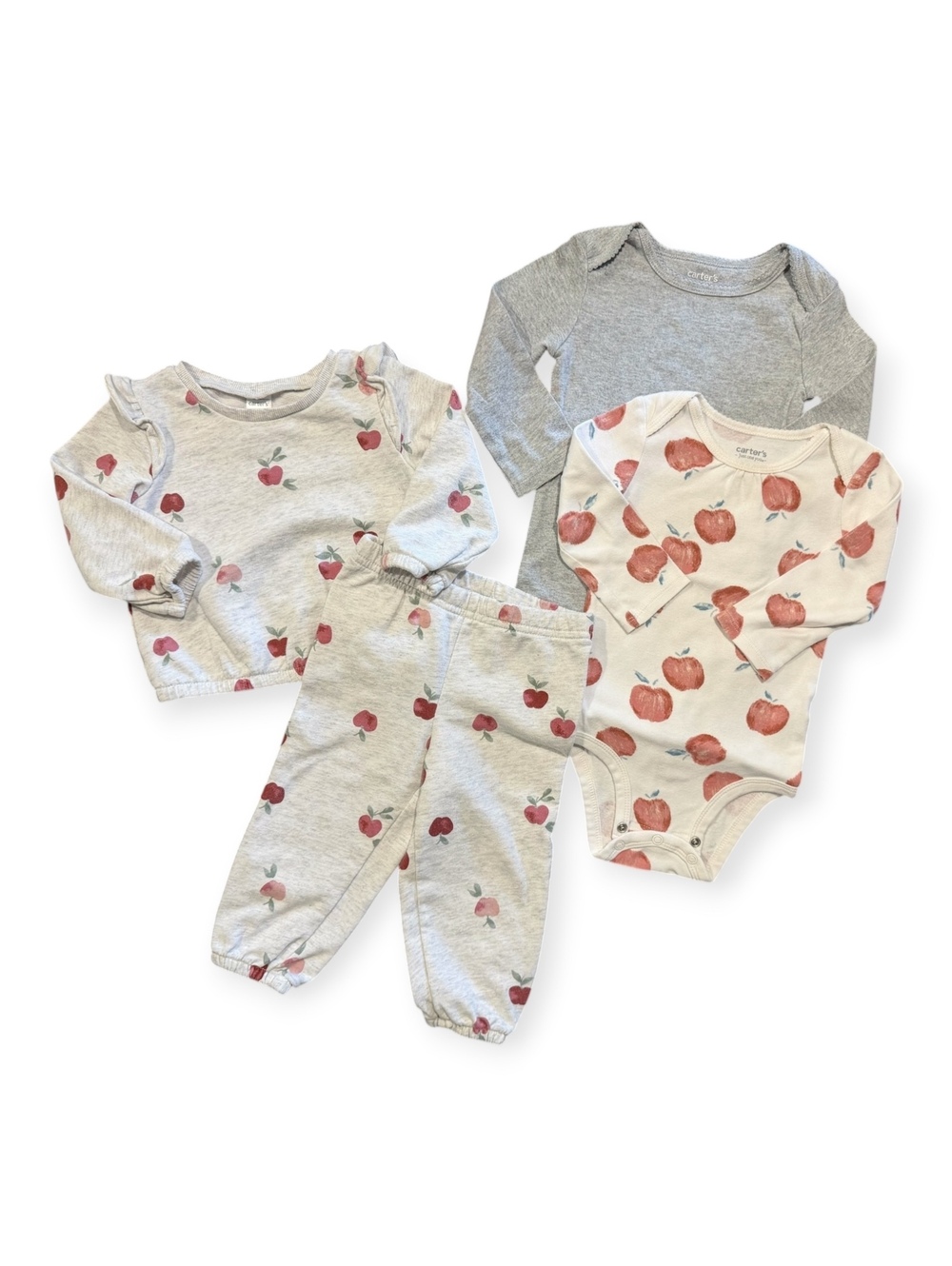 Carter's Baby Girls 4-Piece Set 18 Months Apple Print &Gray Long Sleeve Bodysuit